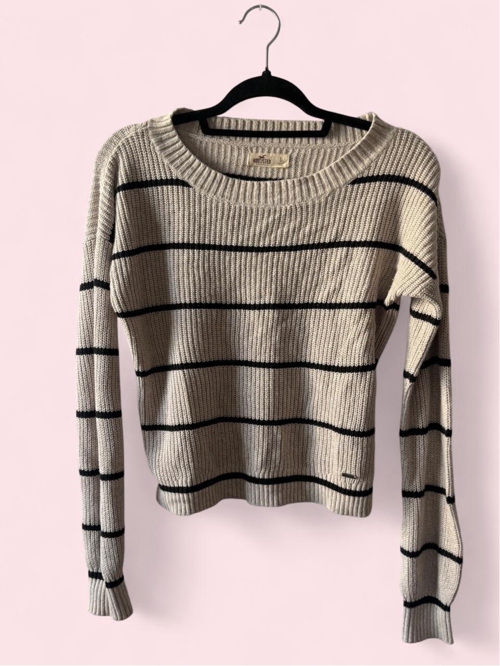 Hollister Beige Crewneck Sweater with Black Stripes